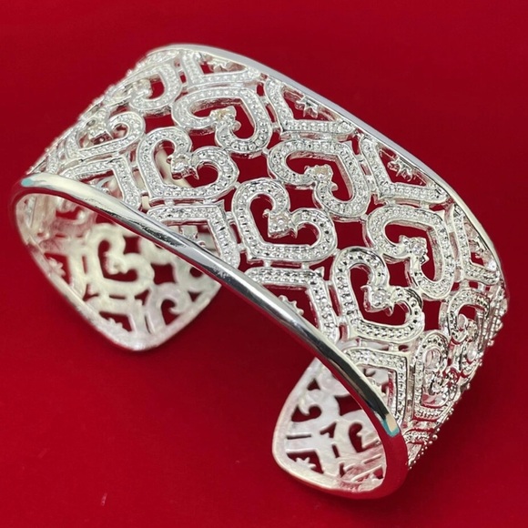 Boho Sterling Silver Zirconia Heart Wide Cuff Bangle Bracelet - Picture 9 of 9